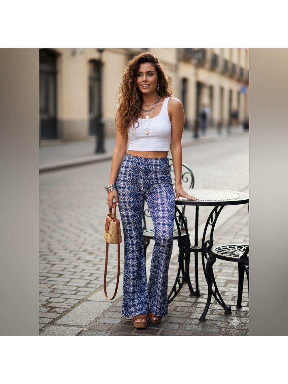 Design Lab Lord & Taylor Boho Geometric Flare Leg Pants Blue White Medium